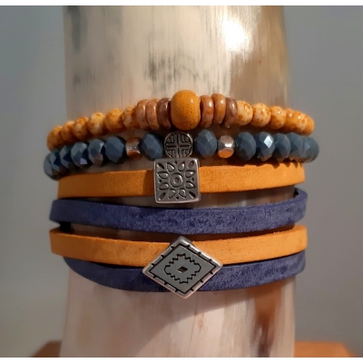 leren wikkelarmband geel/ blauw leren wikkelarmband geel/ blauw